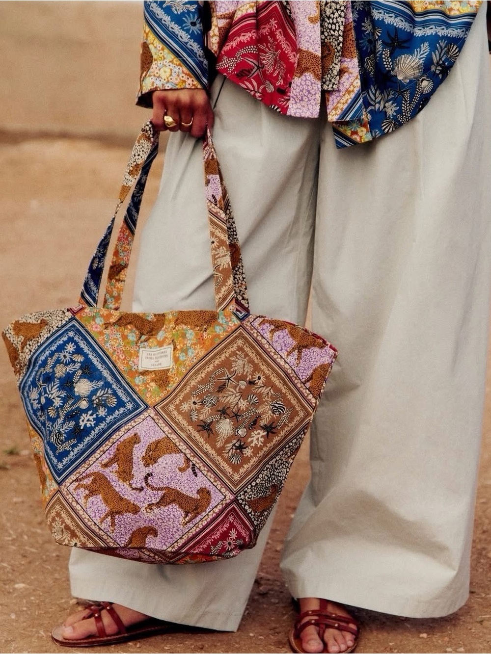Sézane Multicolor Patchwork Tote in Blue, Brown, Pink *Limited Edition*